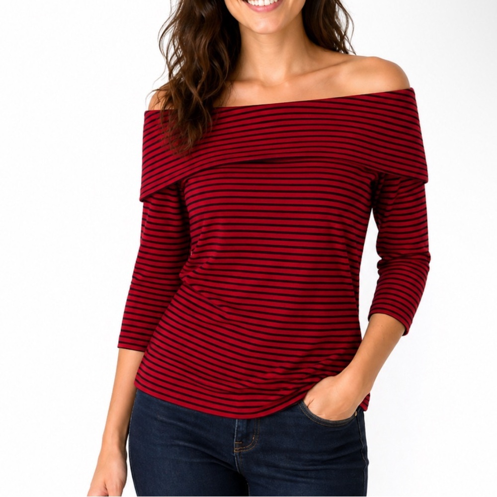 Lauren Ralph Lauren Red & Black Striped Off The Shoulder Top Preppy Academia